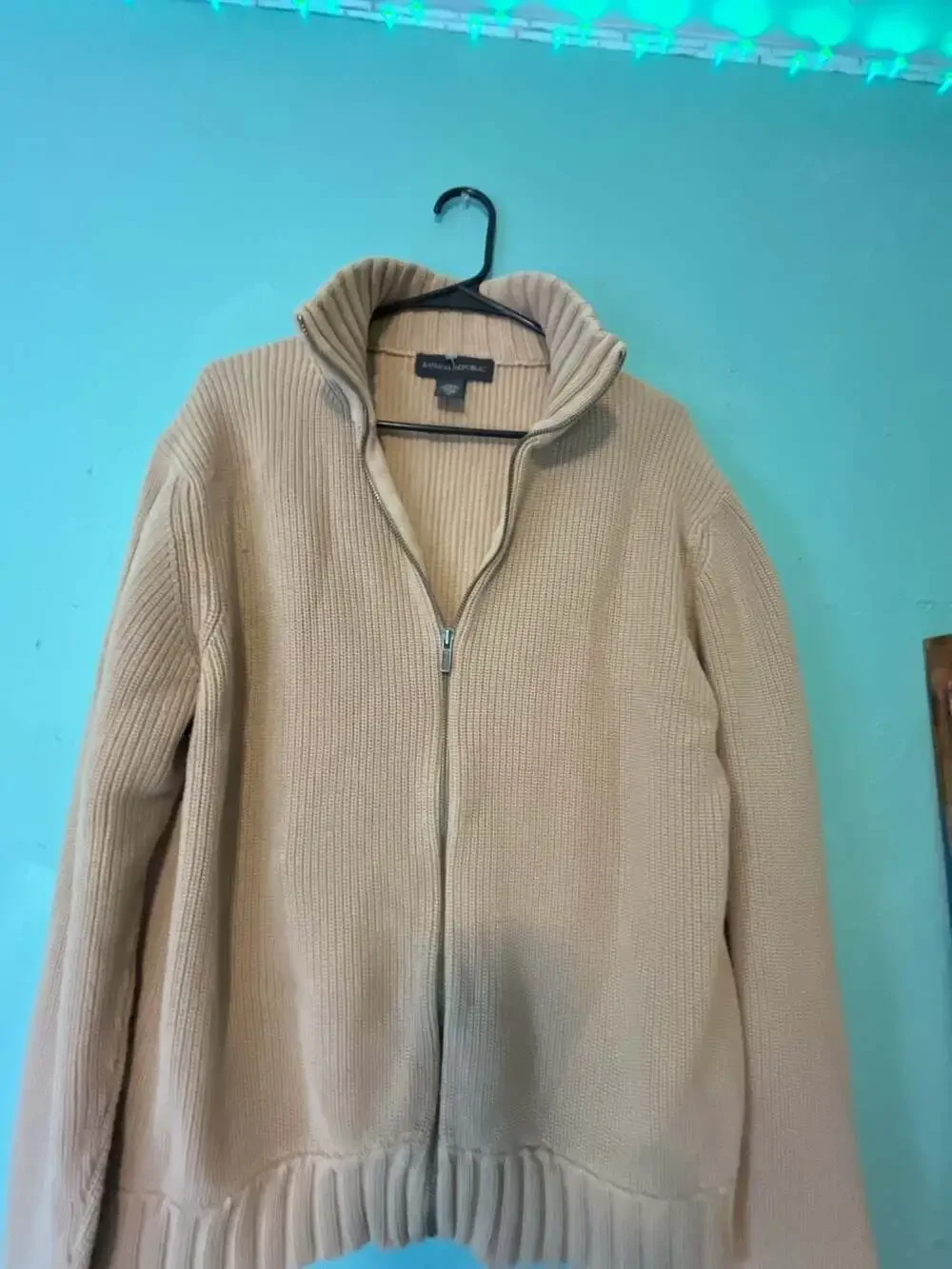 Banana Republic Men's Full Zip Ribbed Knit Mock Neck Sweater Beige